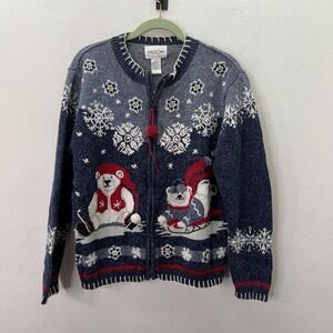 Carly St. Claire Vintage Blue Christmas Polar Bear Sweater Jacket Knit Zip SZ L